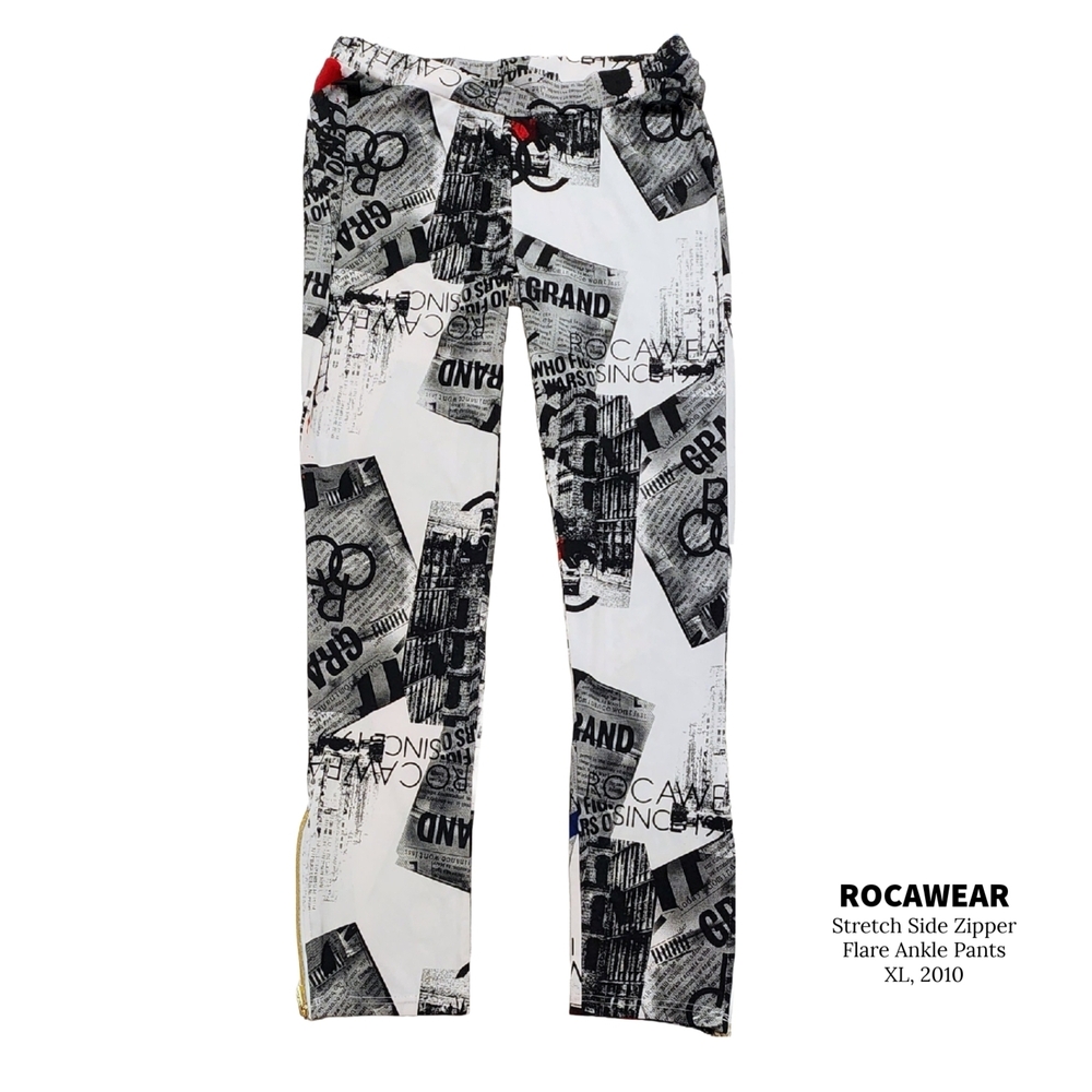 Rocawear Graphic Newspaper Print Flare Stretch Bootcut Pants Gold Zipper